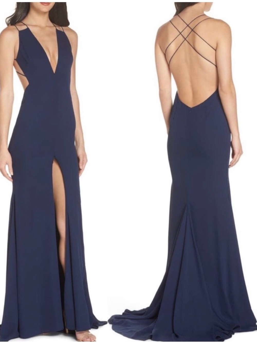 NWT Fame and Partners The Surreal Dreamer Navy Backless Plunge Evening Gown